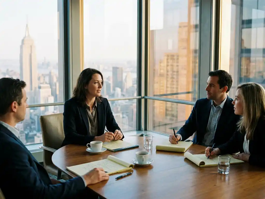 Geschäftsmann in Business-Casual-Kleidung bei Verhandlung am Konferenztisch mit Manhattan-Skyline im Hintergrund.