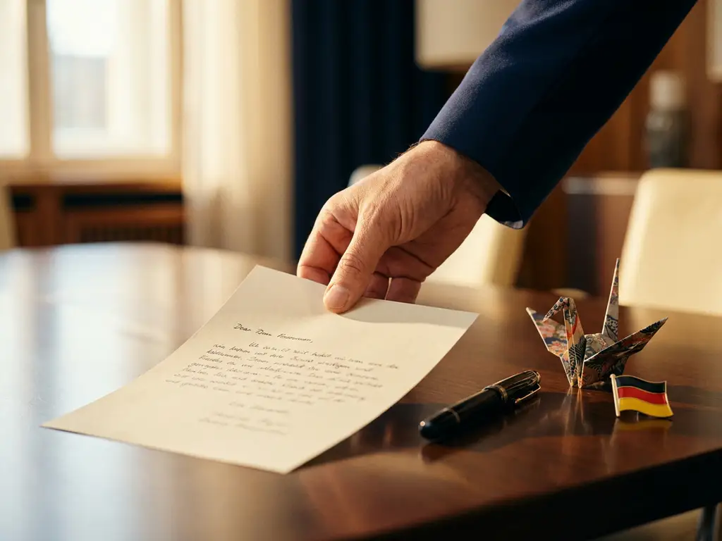 Hand legt handgeschriebenen Brief auf Konferenztisch, Füllfederhalter, Origami-Kranich und deutsche Flaggennadel im warmen Fensterlicht.