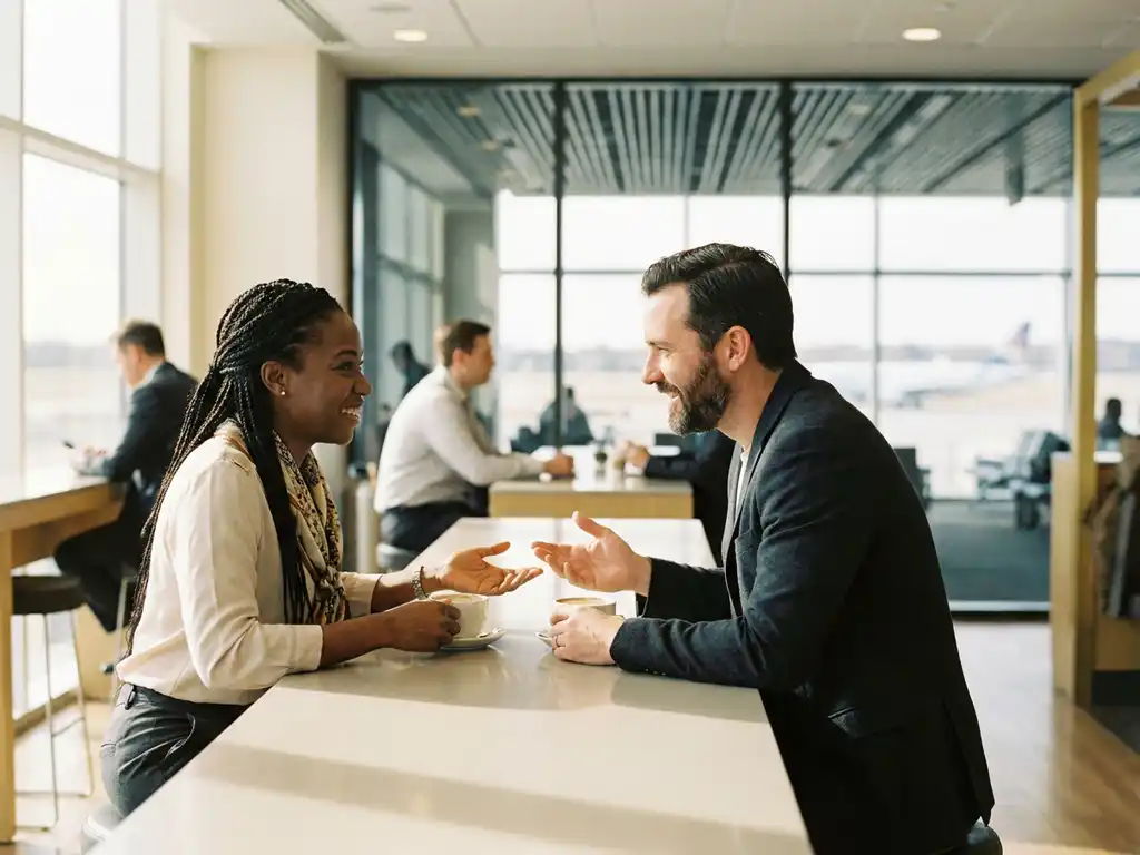Zwei Fachleute unterschiedlicher Kulturen führen ein entspanntes Gespräch bei Kaffee in einer modernen Flughafen-Lounge.