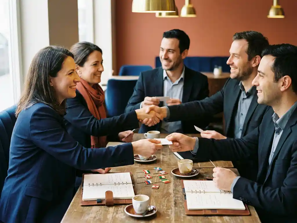 Fachleute verschiedener Kulturen tauschen Visitenkarten und Händedrücke an einem Cafétisch mit Nationalflaggen-Pins und Notizbüchern aus.