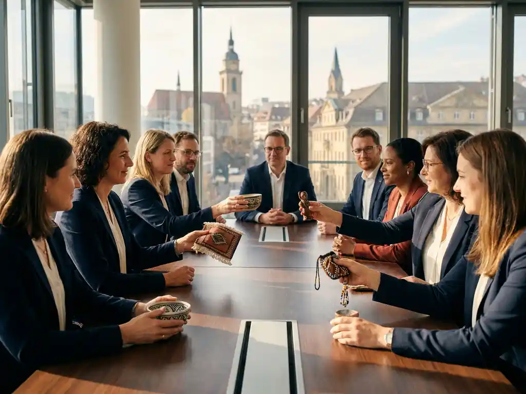 Fachleute tauschen handgefertigte Kulturobjekte an einem Konferenztisch aus, mit der Stuttgarter Skyline im Hintergrund.