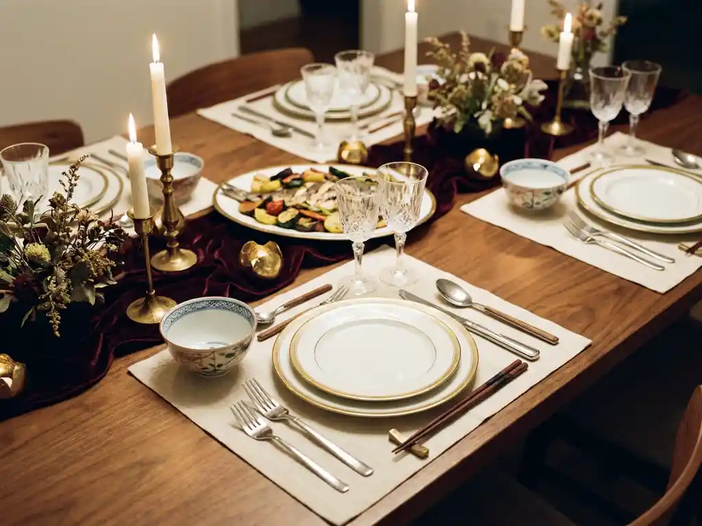 Internationales Geschäftsdinner mit Stäbchen neben europäischem Silberbesteck, Kerzenlichter spiegeln sich in poliertem Glas, elegante Tischdekoration.