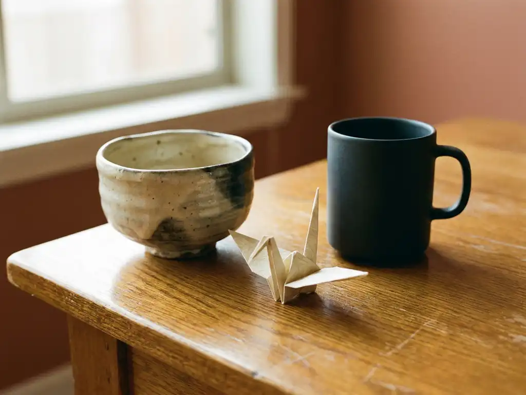 Japanese tea bowl and German ceramic coffee mug beside an origami crane on a polished oak table, bathed in warm natural window light.