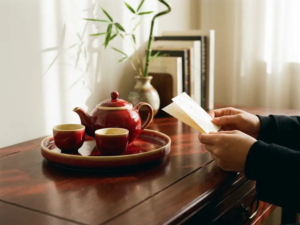 Lacquered crimson tea set on mahogany desk beside a business card presented with both hands, bamboo arrangement softly blurred in background.