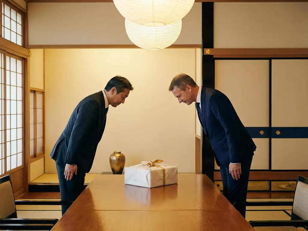 Japanischer und deutscher Geschäftsmann verbeugen sich in Tokioter Konferenzraum, Geschenkbox in weißem Stoff auf Holztisch.