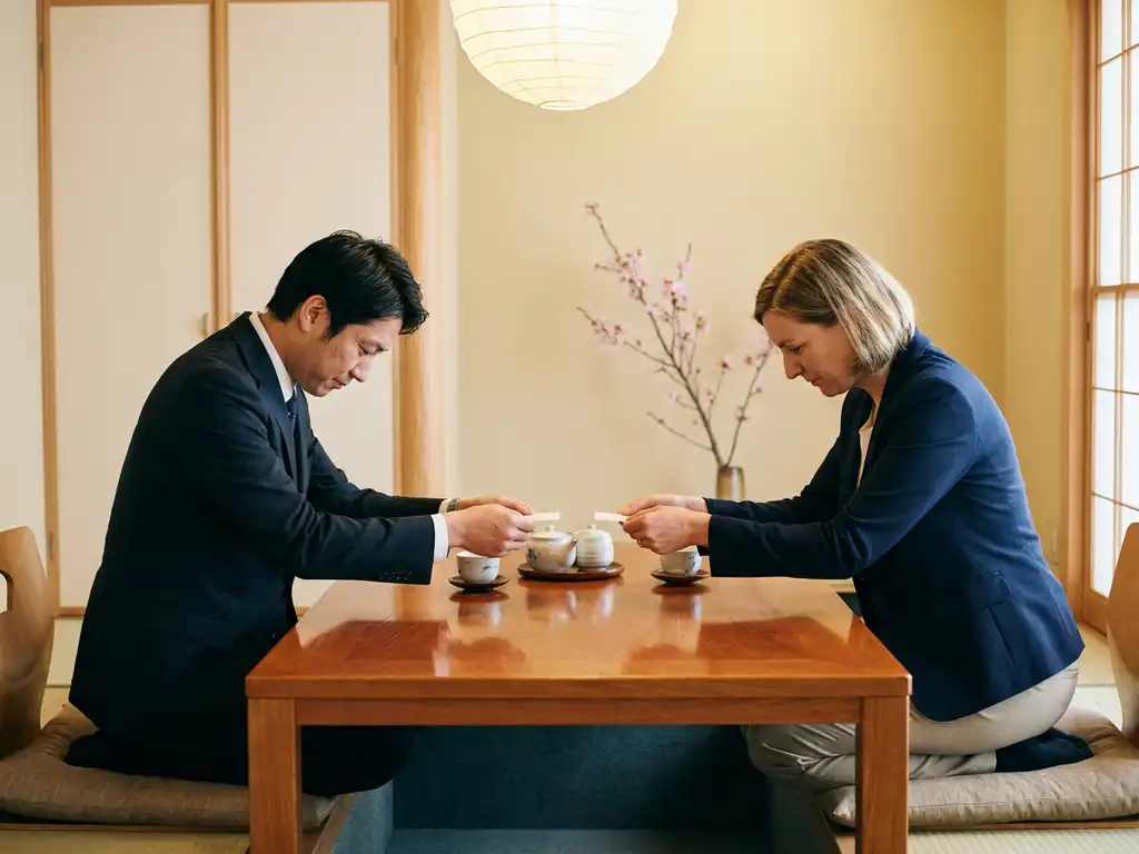 Japanischer und deutscher Geschäftsmann tauschen Visitenkarten mit beiden Händen in verbeugender Geste in einem minimalistischen Tokioter Besprechungsraum aus.