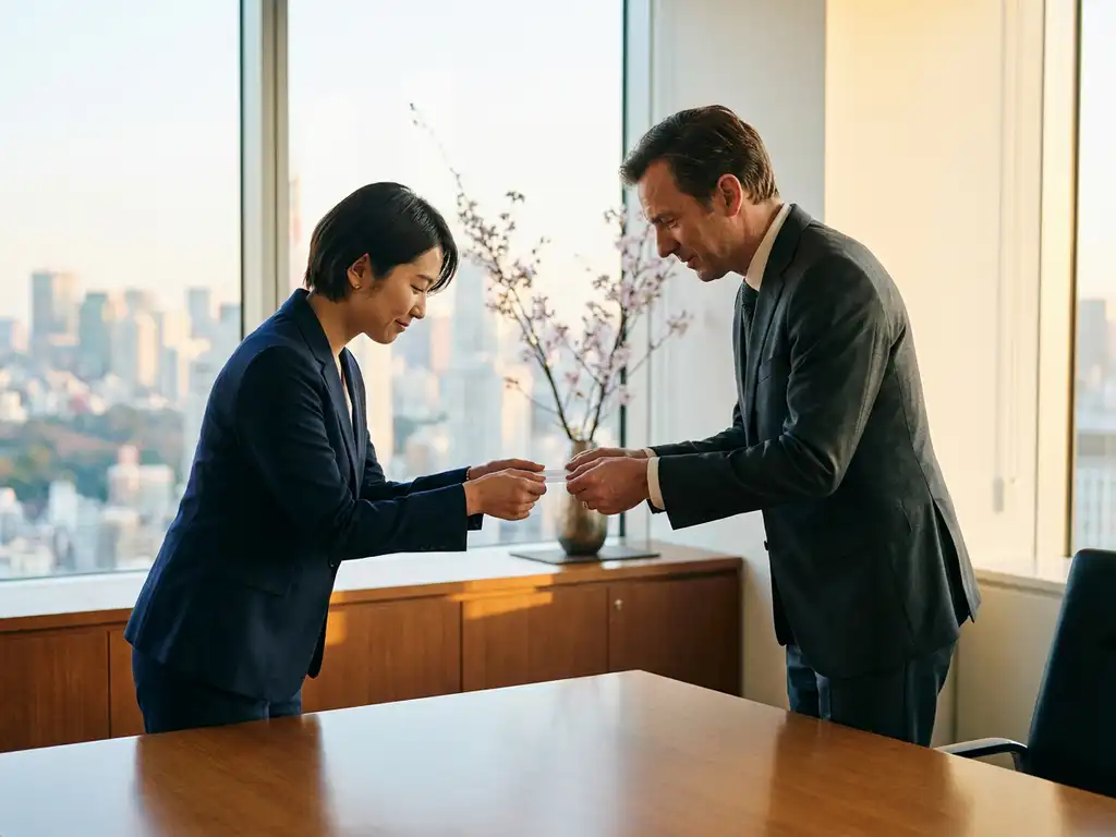 Japanische Geschäftsfrau überreicht Visitenkarte beidhändig an europäischen Kollegen, Tokioter Skyline im Hintergrund.