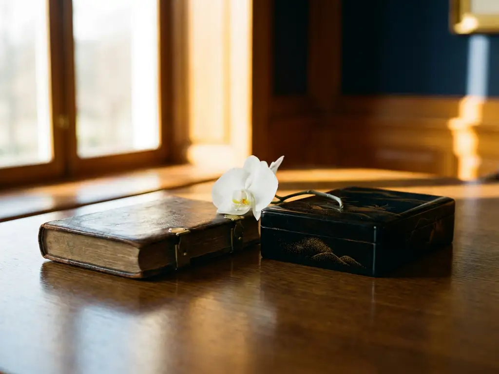 Ledergebundener europäischer Planer und japanische Lackschreibbox auf dunklem Eichentisch, verbunden durch eine weiße Orchidee.