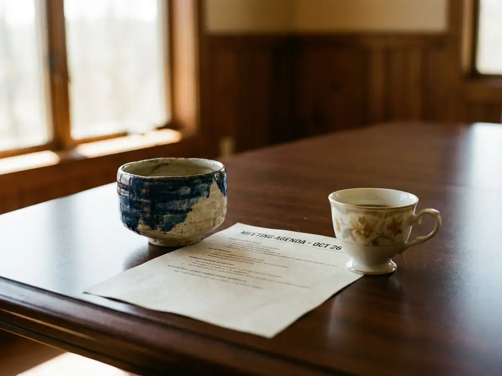 Japanische Keramik-Teeschale und deutsche Porzellankaffeetasse nebeneinander auf einem Konferenztisch mit Tagesordnung im warmen Fensterlicht.