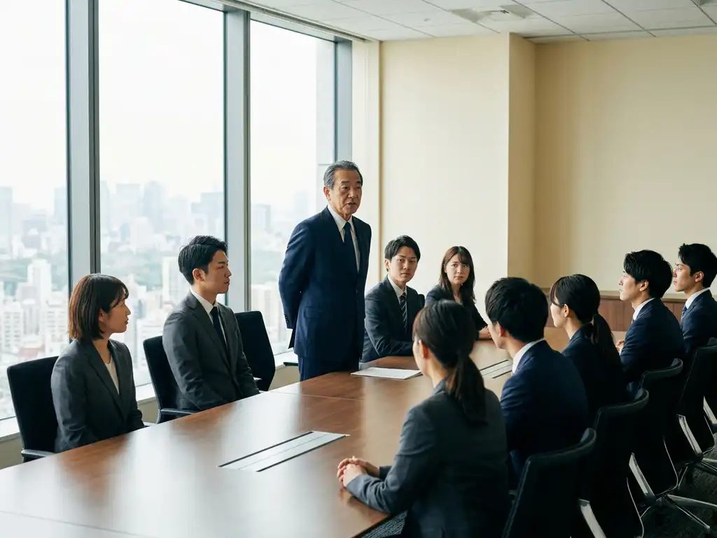 Japanischer Geschäftsführer im dunklen Anzug leitet Meeting in modernem Tokioter Büro mit Stadtpanorama.