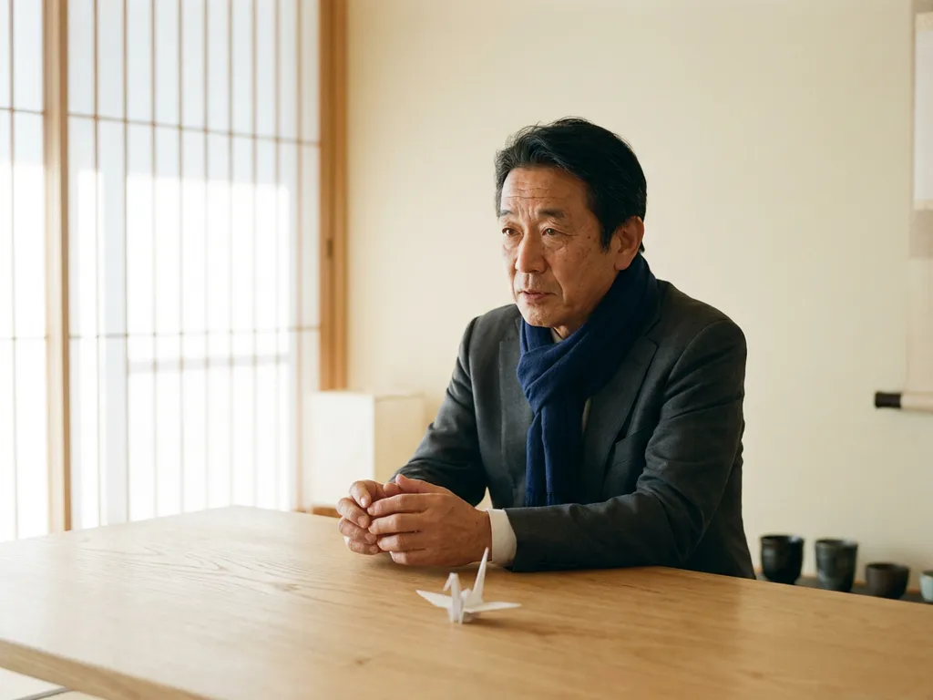 Japanischer Geschäftsmann sitzt nachdenklich am Holztisch mit Origami-Kranich, weiches Licht durch Shoji-Paneele.