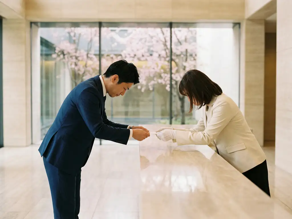 Japanischer Geschäftsmann beim Meishi-Austausch mit respektvoller Verbeugung in einem minimalistischen Tokioter Foyer, Kirschblütenzweig im Hintergrund.