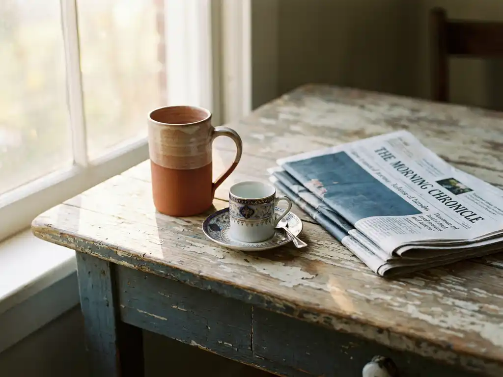 Zwei Kaffeetassen auf verwittertem Holztisch – nordische Keramiktasse neben kleiner Espressotasse, Morgenzeitung, warmes Sonnenlicht.
