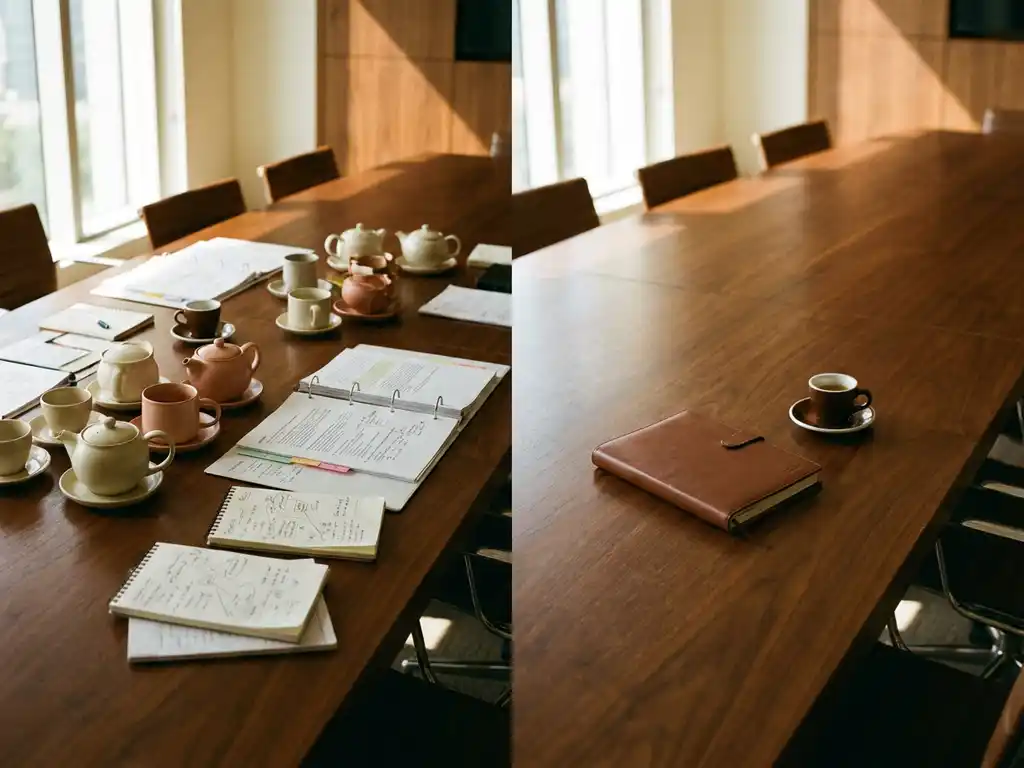 Konferenztisch mit gemeinschaftlichem Teeservice und Dokumenten auf einer Seite, einzelnem Lederblock und Espressotasse auf der anderen, warmes Bürolicht.