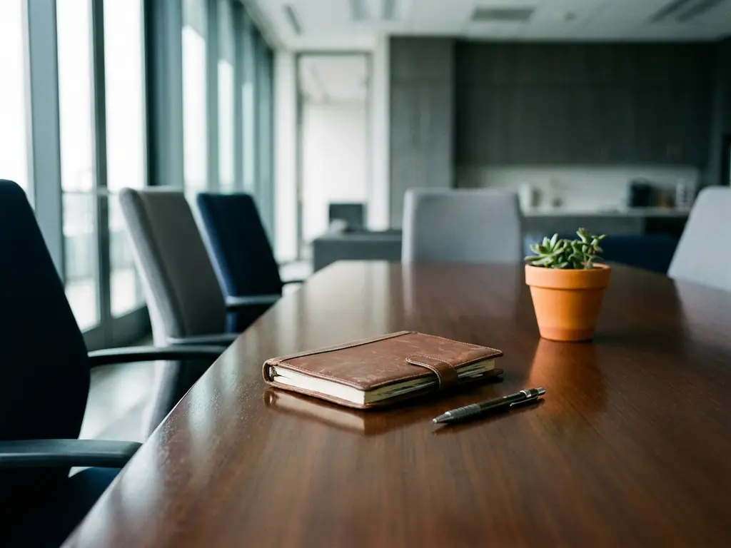 Leather-bound agenda and mechanical pen on a polished conference table beside a small succulent, soft natural light, corporate setting.