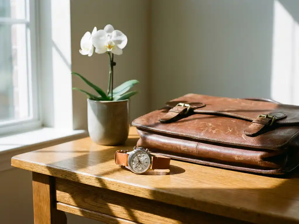 Worn leather briefcase and mechanical watch on an oak desk beside a white orchid, morning light casting geometric shadows across polished wood.