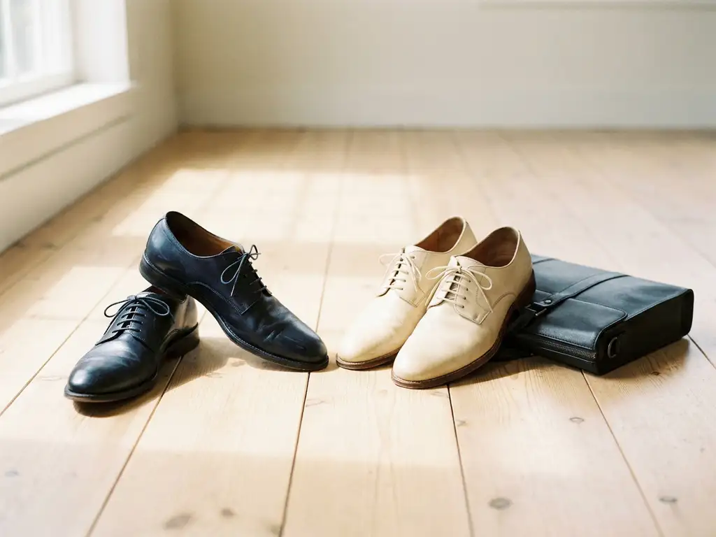 Two polished leather dress shoes facing each other in a respectful bow on a wooden floor, slim briefcase nearby, soft natural light.