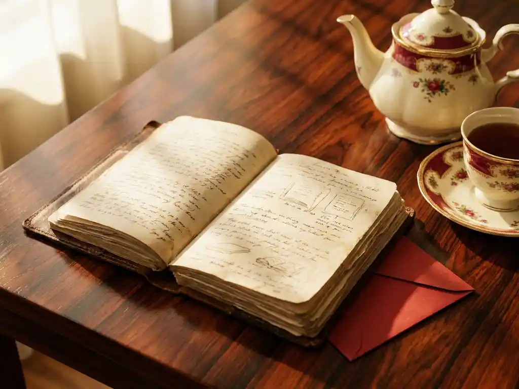 Worn leather notebook open to handwritten meeting notes on a rosewood table, beside a porcelain tea set and a red envelope tucked underneath.