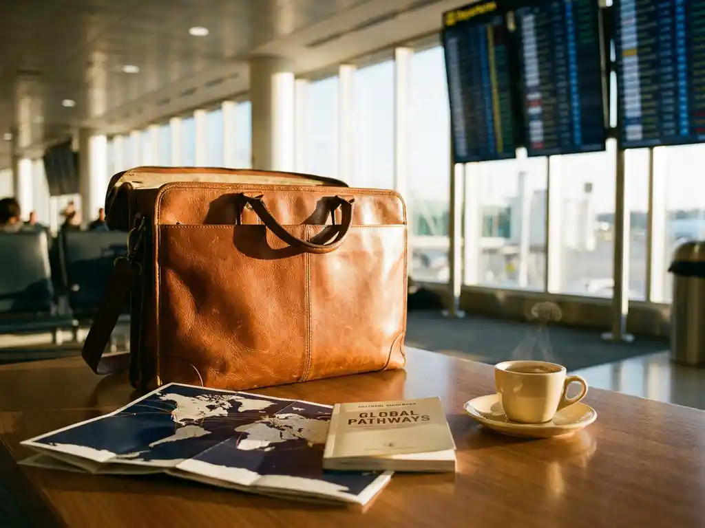 Aufgeklappte Ledertasche in Cognacbraun mit Weltkarte, Kulturreiseführer und Espresso im Flughafenlounge, warmes Terminallicht.