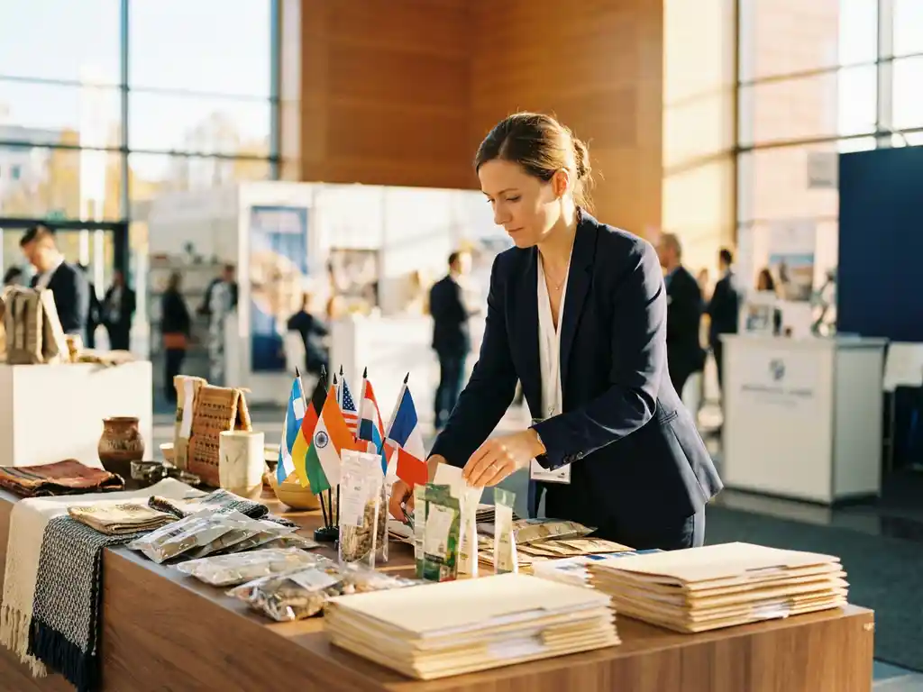 Geschäftsfrau arrangiert internationale Flaggen und Produktmuster an einem Messestand in warmem Licht.