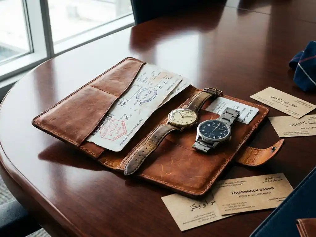 Abgenutztes Leder-Reiseetui mit internationalen Bordkarten und zwei Armbanduhren in verschiedenen Zeitzonen auf Konferenztisch.