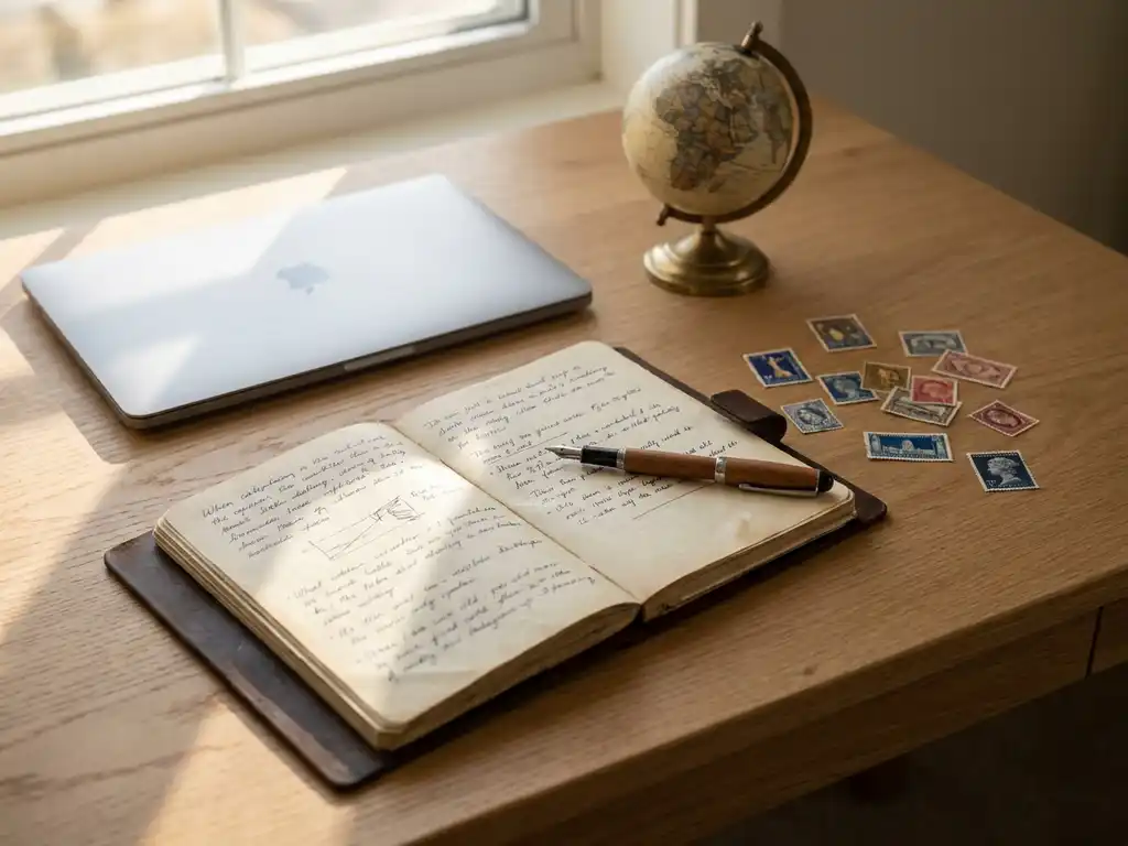 Aufgeschlagenes Ledertagebuch und Laptop auf Eichenholzschreibtisch mit Füllfederhalter, Globus und internationalen Briefmarken im warmen Fensterlicht.