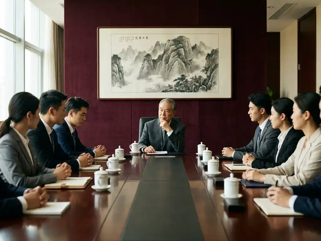 Senior Chinese executive leading a boardroom meeting, colleagues seated along lacquered table, traditional ink-brush painting on wall behind.