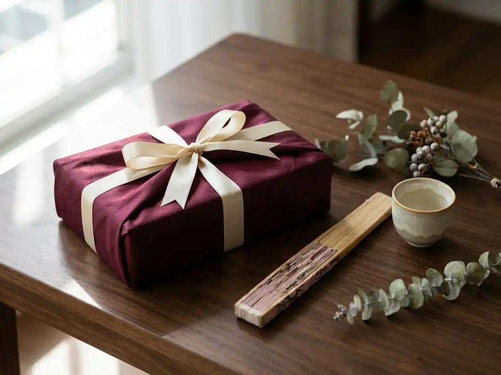 Silk gift box tied with ribbon on dark wood table, surrounded by folded fan, ceramic tea cup, and dried botanicals in warm ivory and burgundy tones.