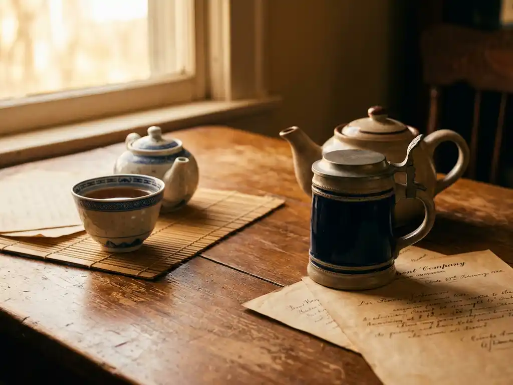 Asiatische Porzellanschale und deutsche Keramiktasse auf verwittertem Holztisch mit Geschäftsdokumenten im warmen Fensterlicht.
