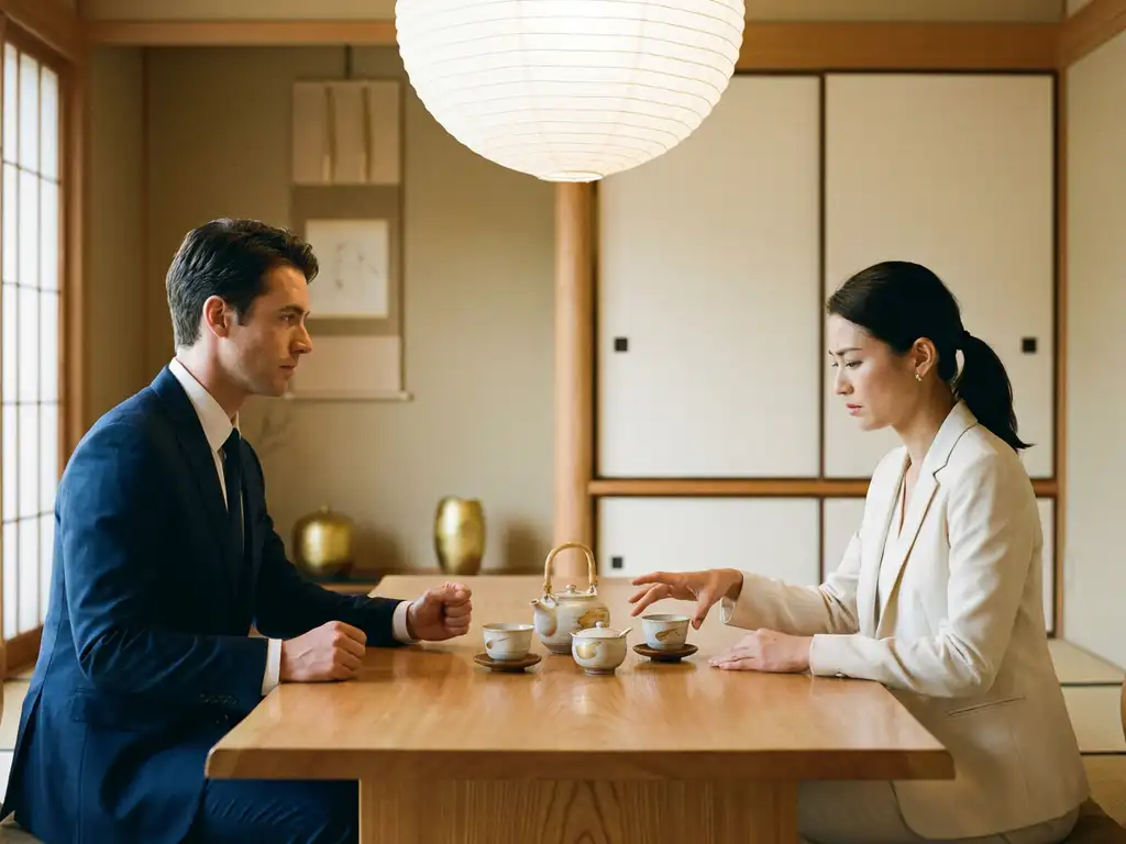 Zwei Fachleute verhandeln an einem Holztisch in einem japanisch inspirierten Raum, Teeservice in der Mitte, warmes Lampionlicht.