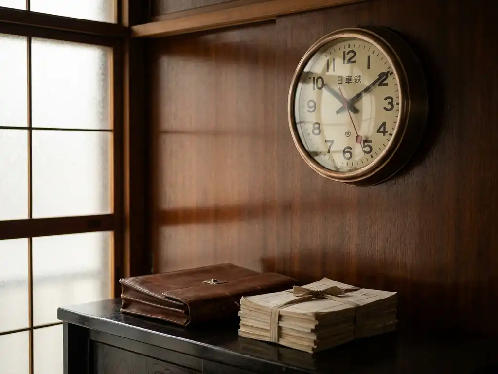 Vintage japanische Bahnhofsuhr an Holzwand in Tokioter Büro, darunter Ledertasche und Geschäftsdokumente auf lackiertem Schreibtisch.