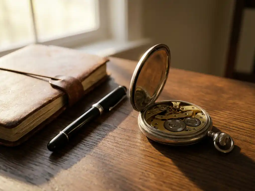 Open vintage pocket watch with brass gears on a dark oak desk beside a leather agenda and fountain pen, lit by soft window light.