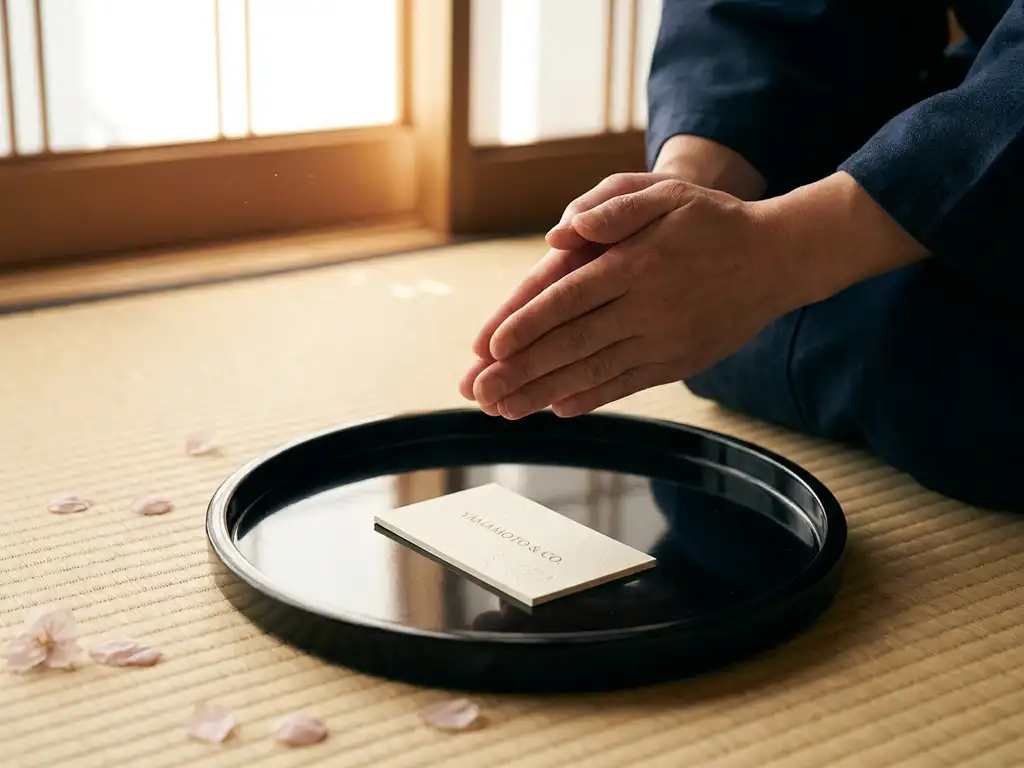 Hände reichen eine Visitenkarte auf lackiertem japanischen Tablett, Tatami-Matte und Kirschblütenblätter im Hintergrund.