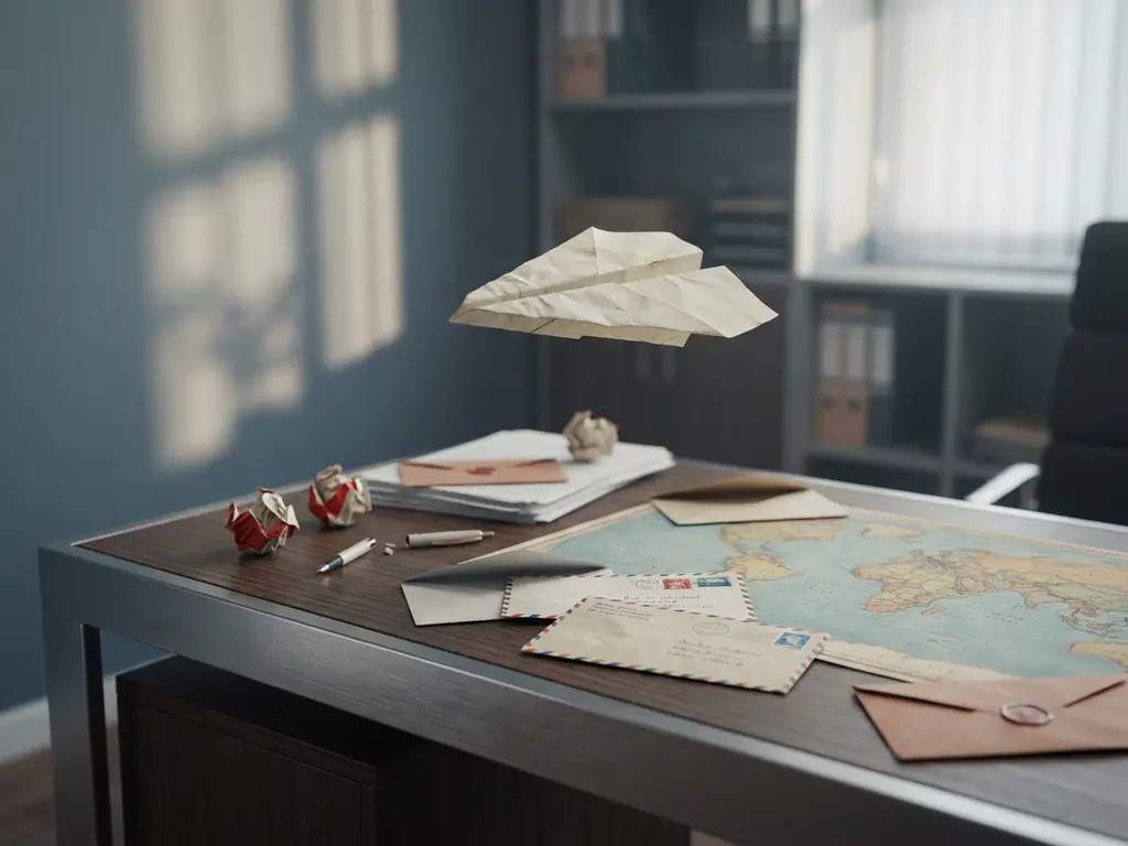 Zerknülltes Papierflugzeug über modernem Schreibtisch mit internationalen Briefumschlägen und Weltkarte in Schiefer- und Elfenbeintönen.