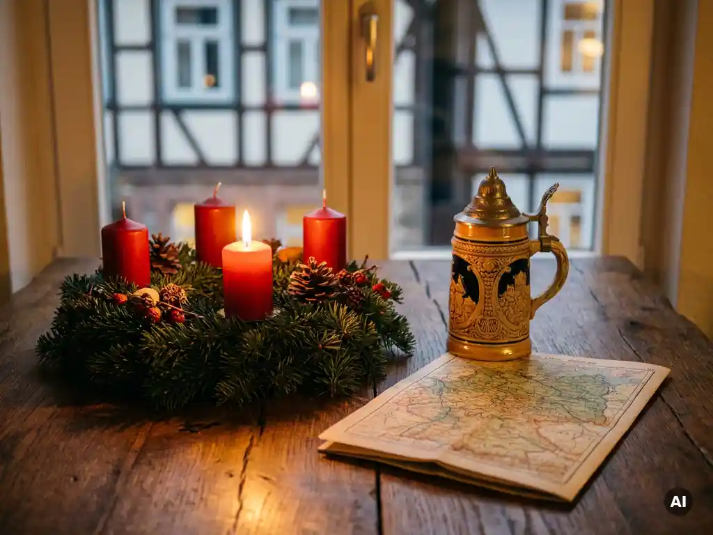 Traditioneller Adventskranz mit brennenden Kerzen und Bierkrug auf rustikalem Eichentisch, Fachwerk im Hintergrund.