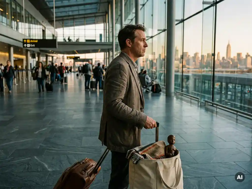 Fachkraft mit Rollkoffer in moderner Flughafen-Ankunftshalle blickt nachdenklich auf vertraute Stadtsilhouette hinter Panoramafenstern.