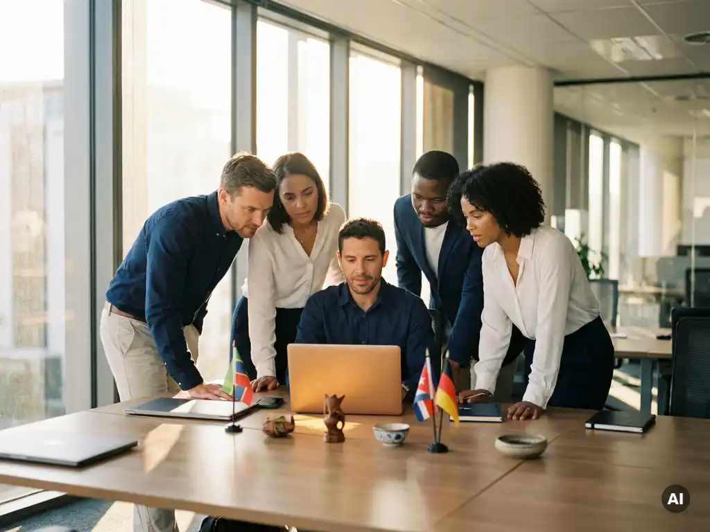 Diverse Fachleute arbeiten gemeinsam an einem Laptop in einem modernen Büro, umgeben von kleinen Nationalflaggen und kulturellen Objekten.