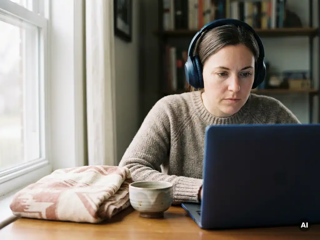 Frau mit kabellosen Kopfhörern lernt am minimalistischen Schreibtisch, Laptop beleuchtet ihr Gesicht, Teeschale und Textilien im Hintergrund.