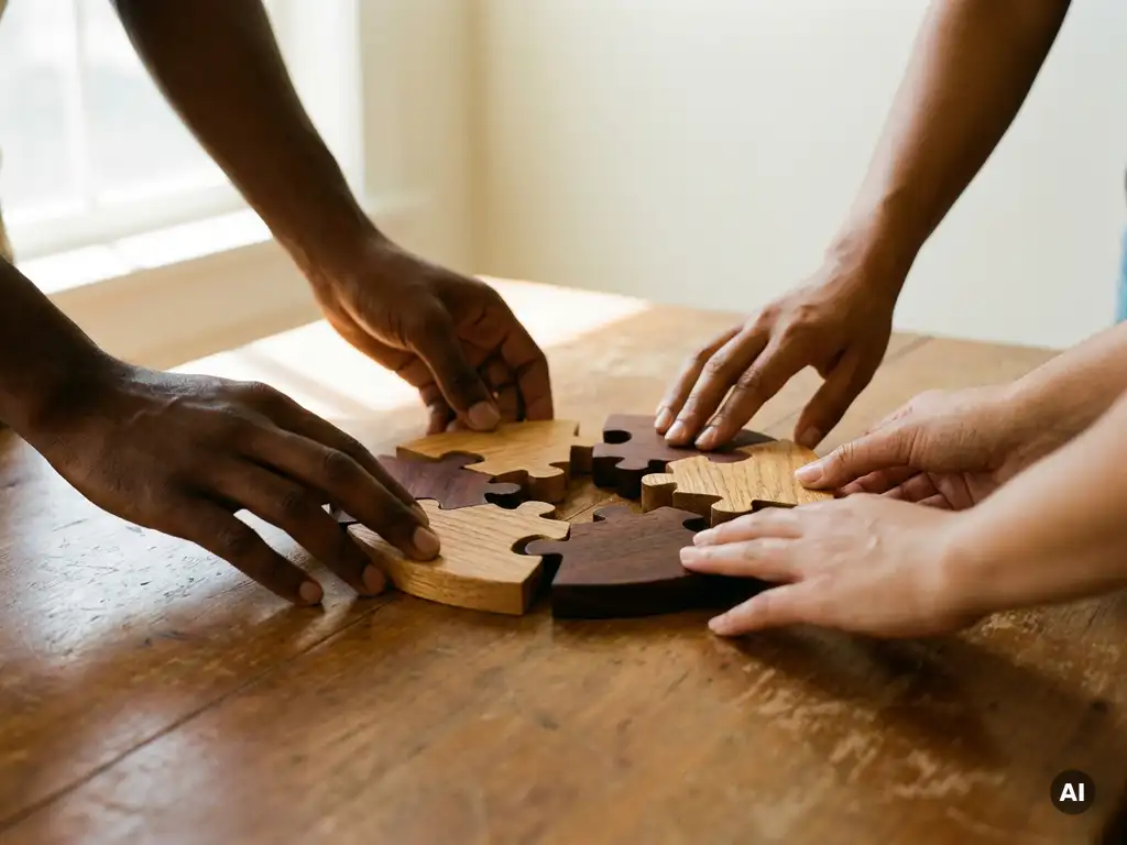 Diverse Hände verschiedener Hauttöne fügen Holzpuzzleteile auf einem Eichentisch zusammen, warmes Seitenlicht.