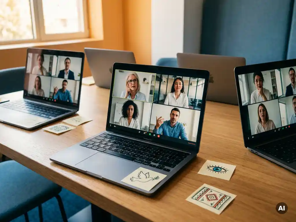 Diverse Fachleute im Videocall am Konferenztisch, ein Teilnehmer wirkt verwirrt, ein anderer gestikuliert selbstbewusst, Haftnotizen mit kulturellen Symbolen daneben.