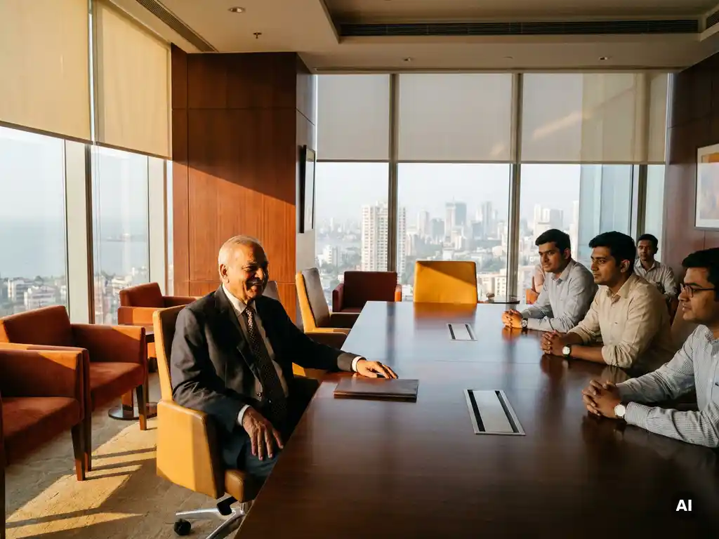 Leitender indischer Manager in Formbekleidung am Konferenztisch, Kollegen im Hintergrund, modernes Mumbaiер Büro mit Stadtpanorama im Nachmittagslicht.