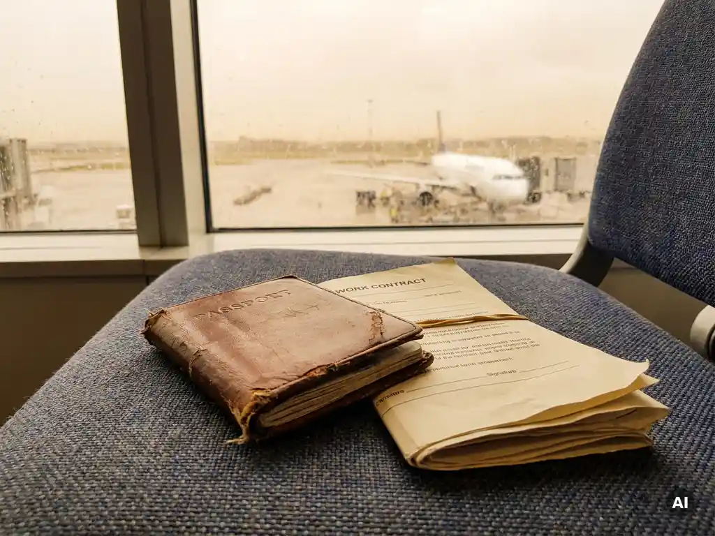 Abgenutzter Lederreisepass und gefalteter Arbeitsvertrag auf einem Flughafensitz, Flugzeug im Hintergrund durch Terminalfenster sichtbar.
