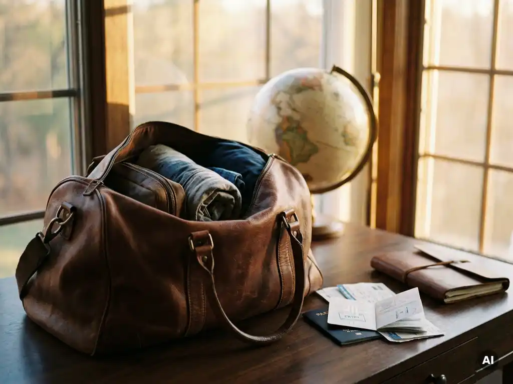 Geöffnete Ledertasche auf einem Schreibtisch mit gestempeltem Reisepass und internationalen Dokumenten im warmen Nachmittagslicht.