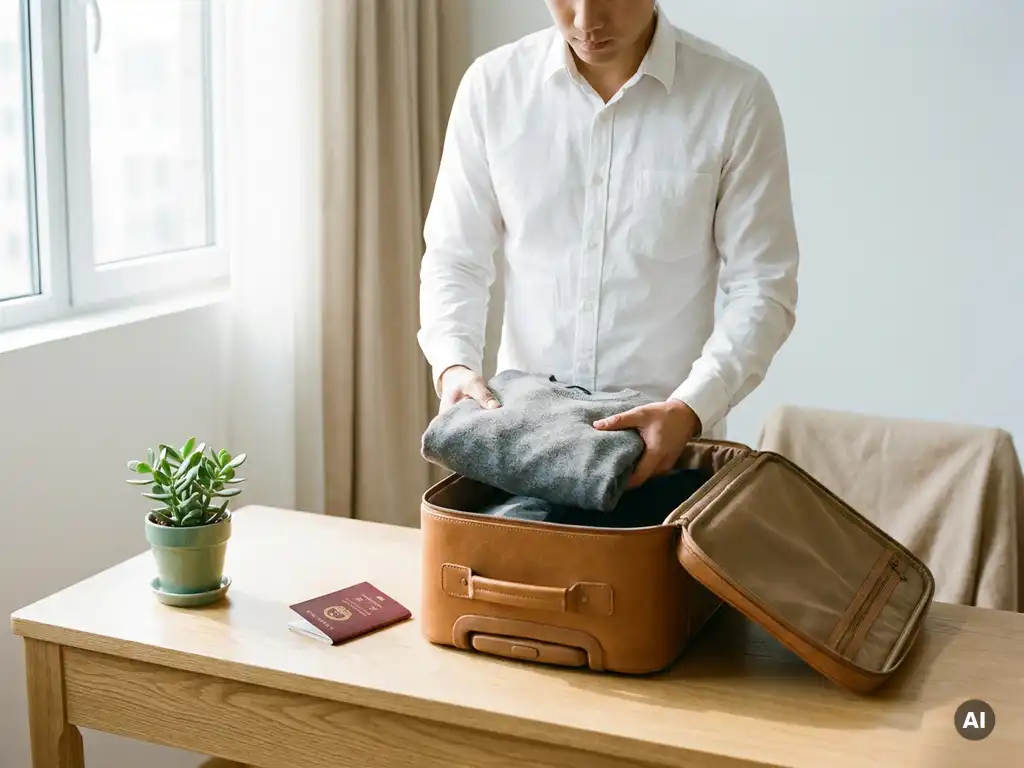Europäischer Geschäftsreisender packt Leder-Handgepäck am Holzschreibtisch, chinesisches Reisedokument und Pflanze im Hintergrund.